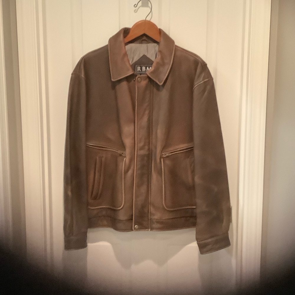 Brown leather bomber jacket.  Size L
